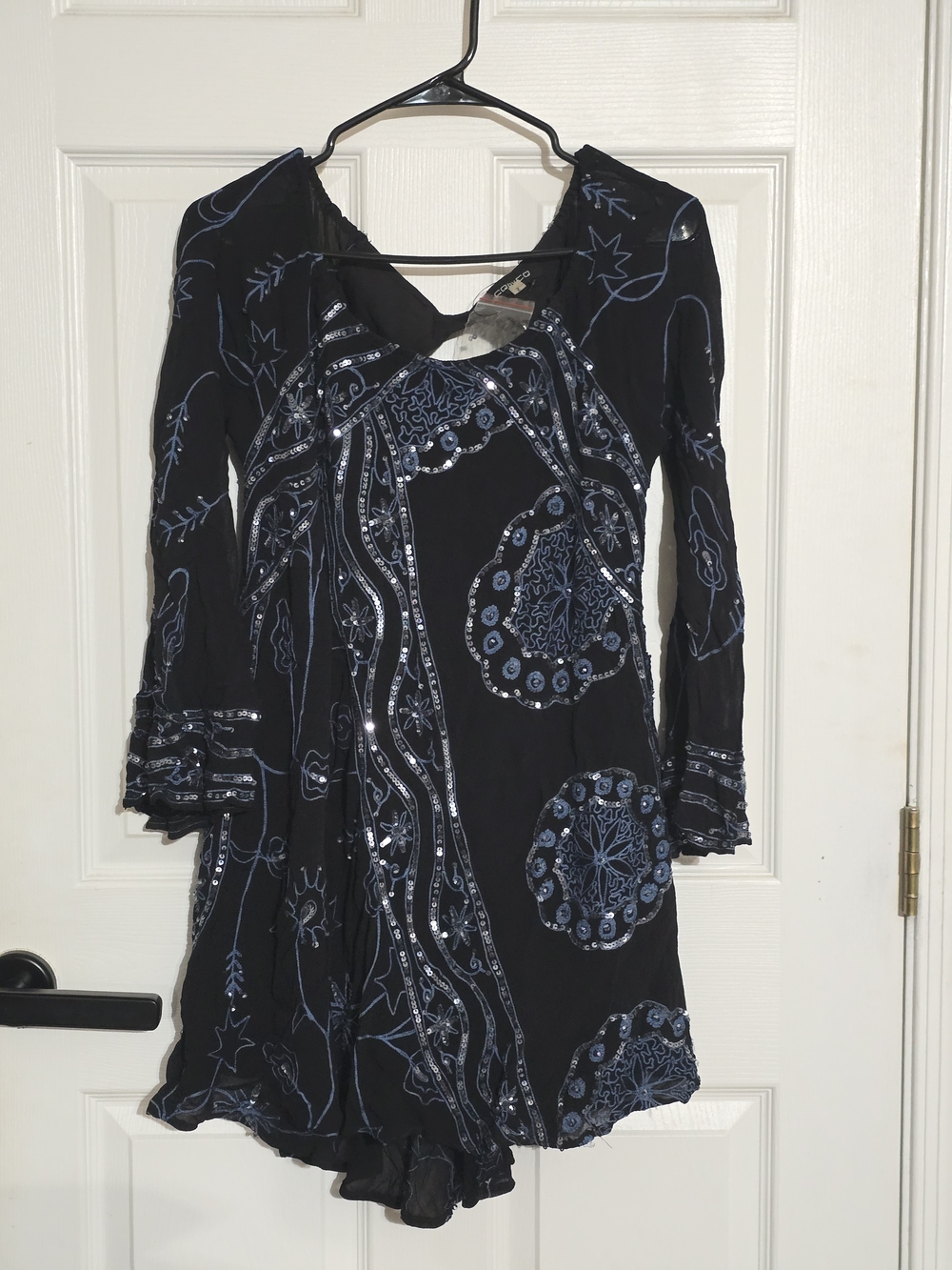 Black Asymmetrical Dress with Blue Embroidery